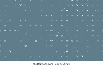 Seamless background pattern of evenly spaced white butterfly symbols of different sizes and opacity. Vector illustration on blue gray background with stars