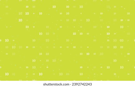 Seamless background pattern of evenly spaced white number ten symbols of different sizes and opacity. Vector illustration on lime background with stars