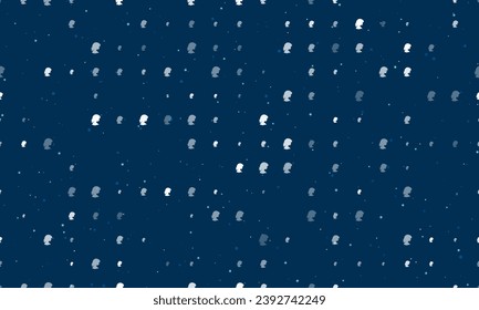 Seamless background pattern of evenly spaced white woman face profile symbols of different sizes and opacity. Vector illustration on dark blue background with stars