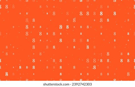 Seamless background pattern of evenly spaced white number eight symbols of different sizes and opacity. Vector illustration on deep orange background with stars