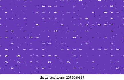 Seamless background pattern of evenly spaced white bike symbols of different sizes and opacity. Vector illustration on deep purple background with stars