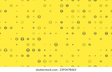 Seamless background pattern of evenly spaced black no overtaking signs of different sizes and opacity. Vector illustration on yellow background with stars