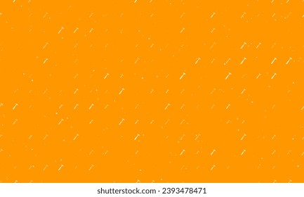 Seamless background pattern of evenly spaced white hammer symbols of different sizes and opacity. Vector illustration on orange background with stars