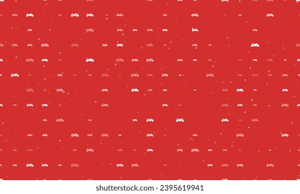 Patrón de fondo sin brillo de símbolos blancos de bicicleta uniformemente espaciados de diferentes tamaños y opacidad. Ilustración vectorial sobre fondo rojo con estrellas