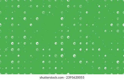 Seamless background pattern of evenly spaced white dragon's head symbols of different sizes and opacity. Vector illustration on green background with stars