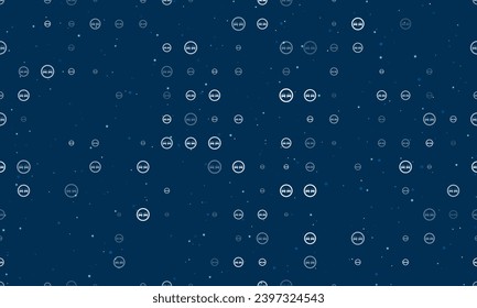Seamless background pattern of evenly spaced white no overtaking signs of different sizes and opacity. Vector illustration on dark blue background with stars