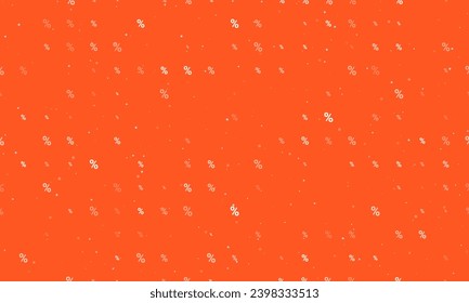Seamless background pattern of evenly spaced white percent symbols of different sizes and opacity. Vector illustration on deep orange background with stars