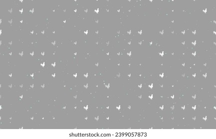 Seamless background pattern of evenly spaced white rooster symbols of different sizes and opacity. Vector illustration on gray background with stars