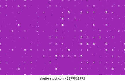 Seamless background pattern of evenly spaced white mushrooms symbols of different sizes and opacity. Vector illustration on purple background with stars