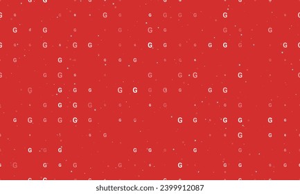 Seamless background pattern of evenly spaced white capital letter G symbols of different sizes and opacity. Vector illustration on red background with stars