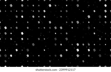 Seamless background pattern of evenly spaced white magic book symbols of different sizes and opacity. Vector illustration on black background with stars