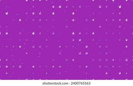 Seamless background pattern of evenly spaced white bird symbols of different sizes and opacity. Vector illustration on purple background with stars