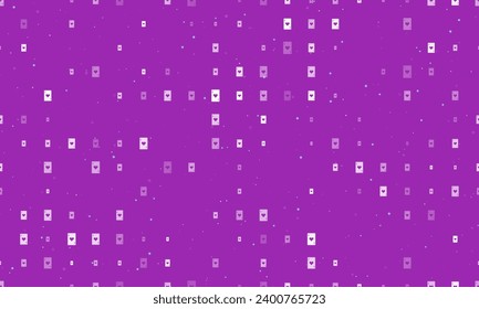 Seamless background pattern of evenly spaced white ace of heart cards of different sizes and opacity. Vector illustration on purple background with stars
