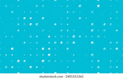 Seamless background pattern of evenly spaced white wild elephant symbols of different sizes and opacity. Vector illustration on cyan background with stars