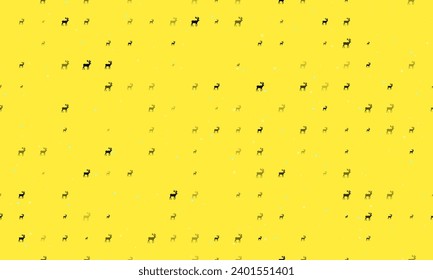 Seamless background pattern of evenly spaced black deer symbols of different sizes and opacity. Vector illustration on yellow background with stars