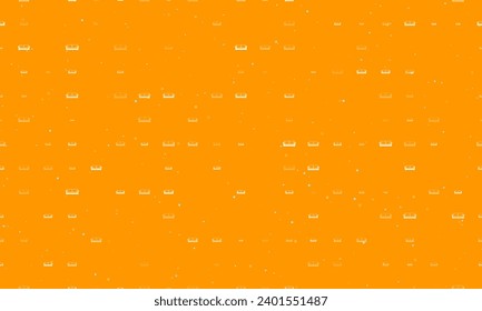 Seamless background pattern of evenly spaced white sofa icons of different sizes and opacity. Vector illustration on orange background with stars