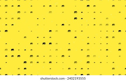 Seamless background pattern of evenly spaced black elephant symbols of different sizes and opacity. Vector illustration on yellow background with stars