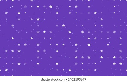 Seamless background pattern of evenly spaced white maple leaf symbols of different sizes and opacity. Vector illustration on deep purple background with stars