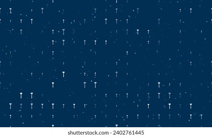 Seamless background pattern of evenly spaced white mallet symbols of different sizes and opacity. Vector illustration on dark blue background with stars