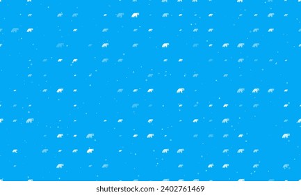 Seamless background pattern of evenly spaced white raccoon symbols of different sizes and opacity. Vector illustration on light blue background with stars