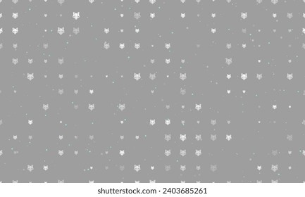 Seamless background pattern of evenly spaced white fox's head symbols of different sizes and opacity. Vector illustration on gray background with stars