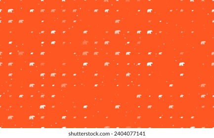 Seamless background pattern of evenly spaced white bear icons of different sizes and opacity. Vector illustration on deep orange background with stars