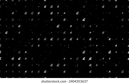 Seamless background pattern of evenly spaced white sitting tiger symbols of different sizes and opacity. Vector illustration on black background with stars