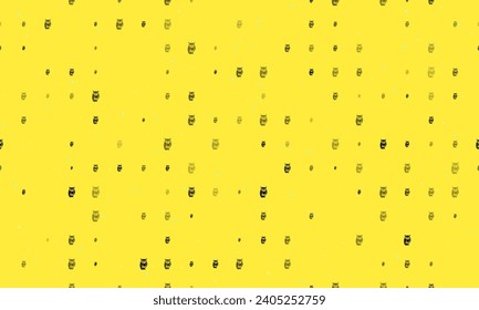 Seamless background pattern of evenly spaced black owl symbols of different sizes and opacity. Vector illustration on yellow background with stars