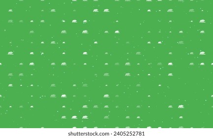 Seamless background pattern of evenly spaced white wild bear symbols of different sizes and opacity. Vector illustration on green background with stars