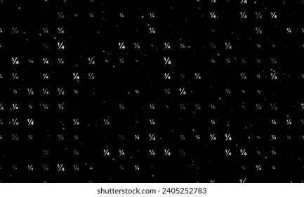 Seamless background pattern of evenly spaced white quarter fraction symbols of different sizes and opacity. Vector illustration on black background with stars