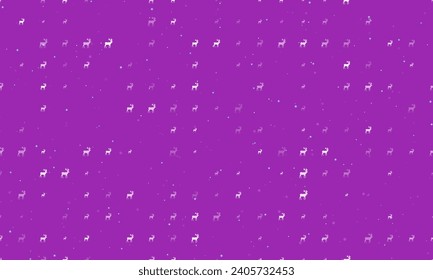 Seamless background pattern of evenly spaced white deer symbols of different sizes and opacity. Vector illustration on purple background with stars