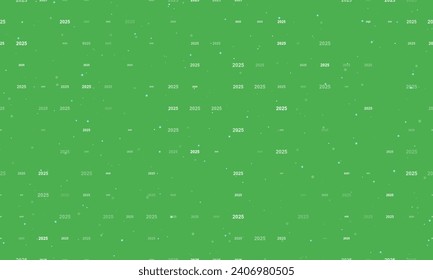 Seamless background pattern of evenly spaced white 2025 year symbols of different sizes and opacity. Vector illustration on green background with stars