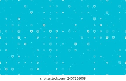 Seamless background pattern of evenly spaced white tiger head symbols of different sizes and opacity. Vector illustration on cyan background with stars