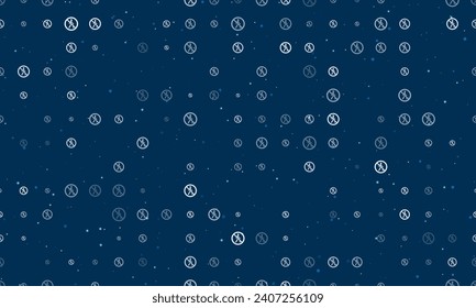 Seamless background pattern of evenly spaced white pedestrian traffic prohibited signs of different sizes and opacity. Vector illustration on dark blue background with stars