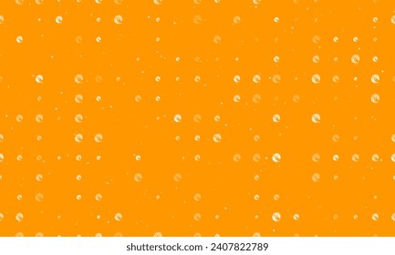 Seamless background pattern of evenly spaced white dragon's head symbols of different sizes and opacity. Vector illustration on orange background with stars