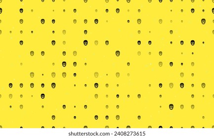Seamless background pattern of evenly spaced black gorilla heads of different sizes and opacity. Vector illustration on yellow background with stars