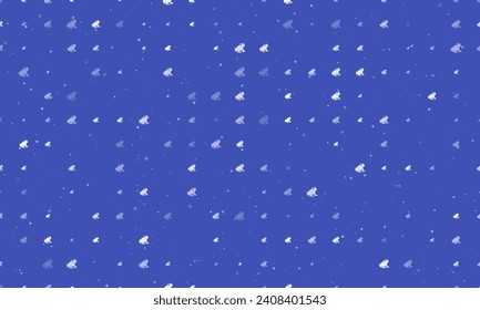 Seamless background pattern of evenly spaced white frog symbols of different sizes and opacity. Vector illustration on indigo background with stars