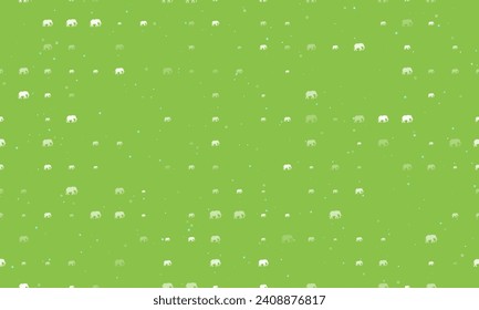 Seamless background pattern of evenly spaced white elephant symbols of different sizes and opacity. Vector illustration on light green background with stars