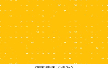 Seamless background pattern of evenly spaced white butterfly symbols of different sizes and opacity. Vector illustration on amber background with stars