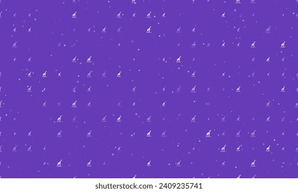 Seamless background pattern of evenly spaced white wild giraffe symbols of different sizes and opacity. Vector illustration on deep purple background with stars