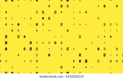 Seamless background pattern of evenly spaced black Three of Spades playing cards of different sizes and opacity. Vector illustration on yellow background with stars