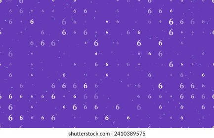 Seamless background pattern of evenly spaced white number six symbols of different sizes and opacity. Vector illustration on deep purple background with stars