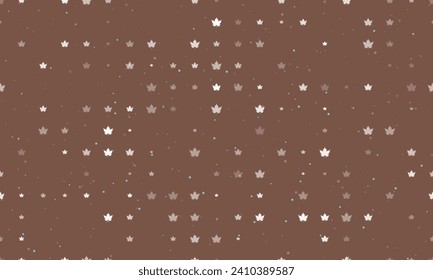 Seamless background pattern of evenly spaced white maple leaf symbols of different sizes and opacity. Vector illustration on brown background with stars