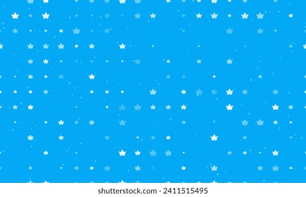 Seamless background pattern of evenly spaced white maple leaf symbols of different sizes and opacity. Vector illustration on light blue background with stars