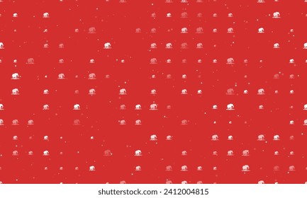 Seamless background pattern of evenly spaced white wild elephant symbols of different sizes and opacity. Vector illustration on red background with stars