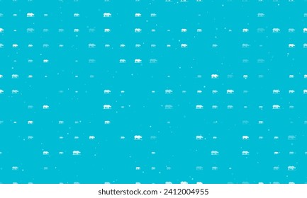 Seamless background pattern of evenly spaced white wild rhino symbols of different sizes and opacity. Vector illustration on cyan background with stars