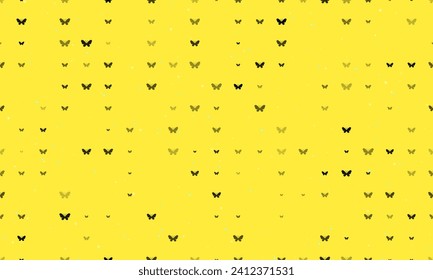Seamless background pattern of evenly spaced black butterfly symbols of different sizes and opacity. Vector illustration on yellow background with stars