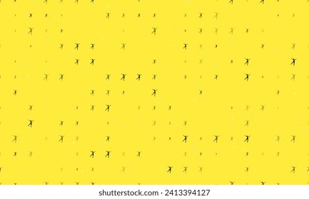 Seamless background pattern of evenly spaced black dancing girl symbols of different sizes and opacity. Vector illustration on yellow background with stars