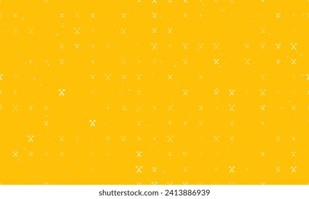 Seamless background pattern of evenly spaced white crossed hammers symbols of different sizes and opacity. Vector illustration on amber background with stars