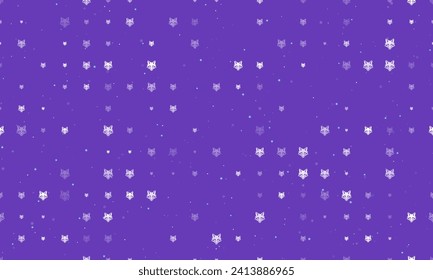 Seamless background pattern of evenly spaced white fox's head symbols of different sizes and opacity. Vector illustration on deep purple background with stars